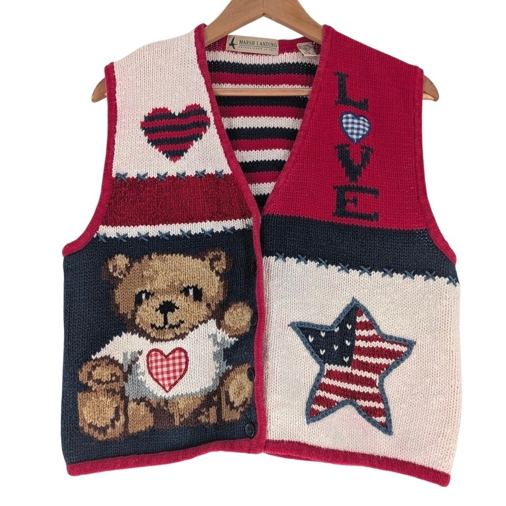 Marsh Landing Vintage Americana Patchwork Teddy Bear Knit Vest Red White Blue L